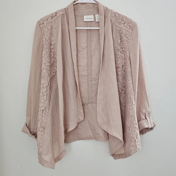 Blush Pink Open-Front Lace Detail Cardigan Blazer Womens Size L (Chicos Size 2) - Picture 2 of 9